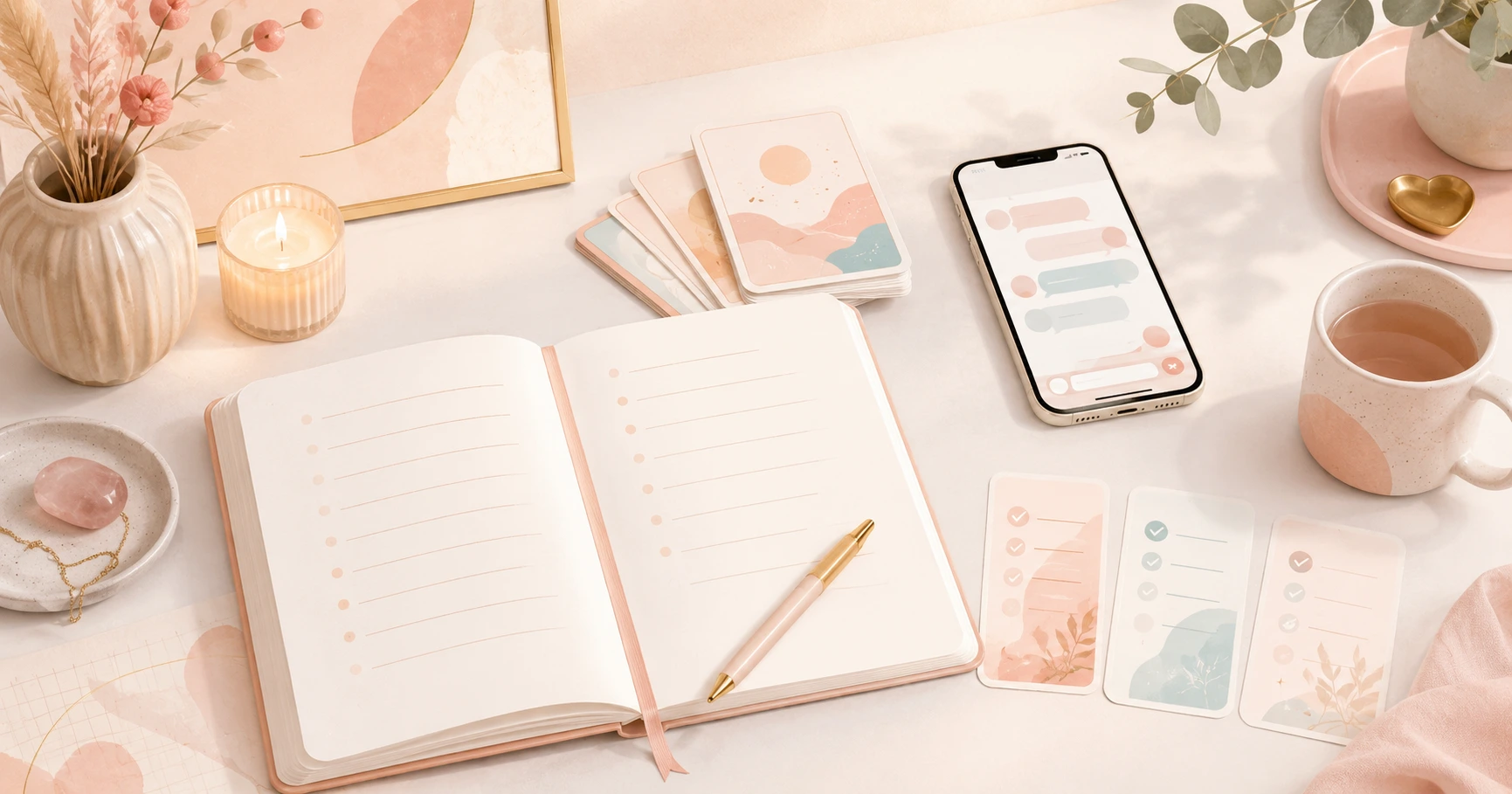 Notebook style checklist for preparing questions before a love psychic reading